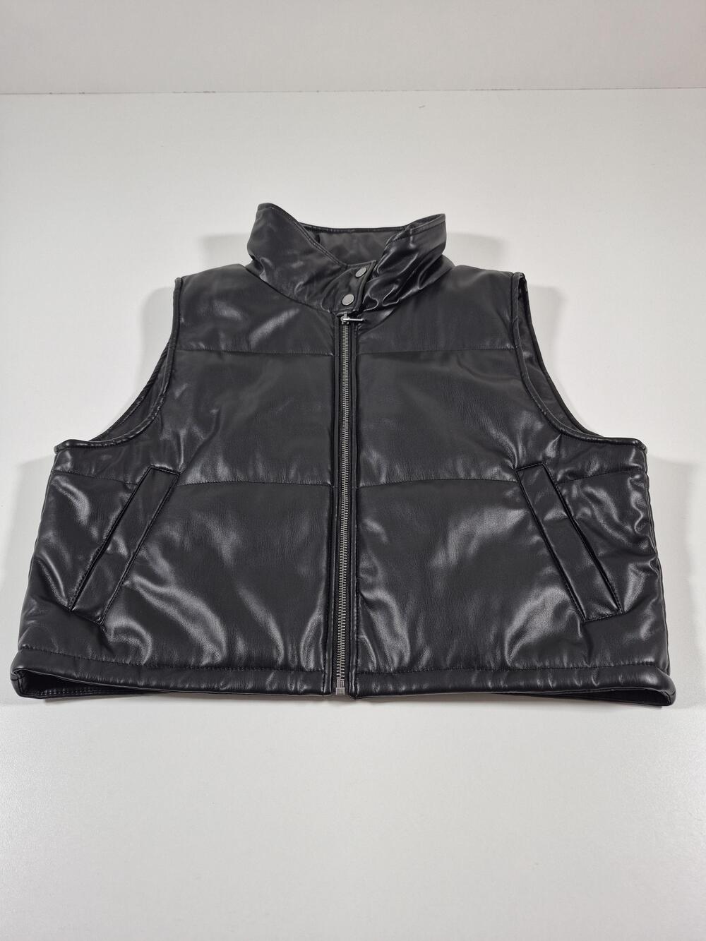 Anthropologie Vest Womens Medium Black Faux Leather Puffer Zip Pockets Collared